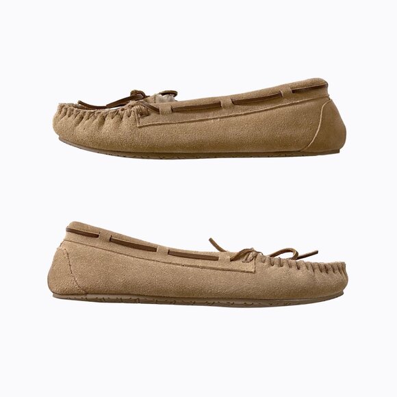 Minnetonka Tan Suede Moccasin Slipper 10 Women Fur Lined Rubber Sole Cozy Lounge - Picture 4 of 9